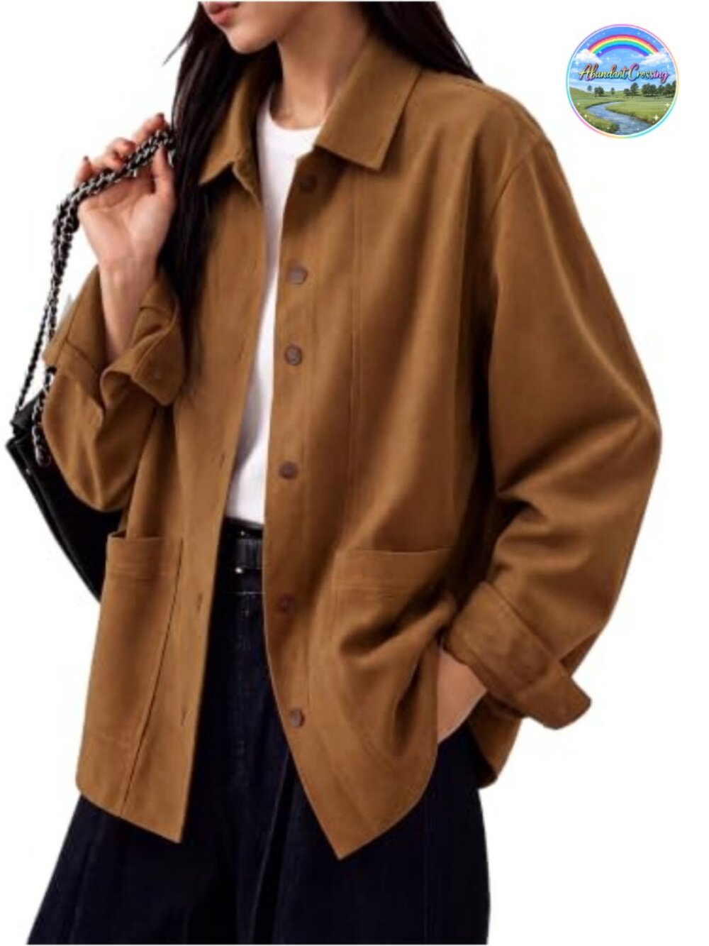 Womens Faux Suede Jacket Lapel Collar Button Utility Pockets Casual Shirt Style